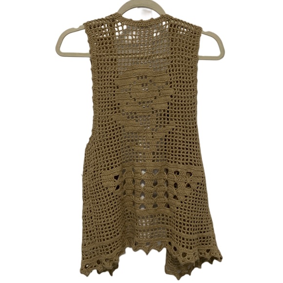 Vintage Sweaters - Y2K Crochet Tan Sleeveless Cardigan